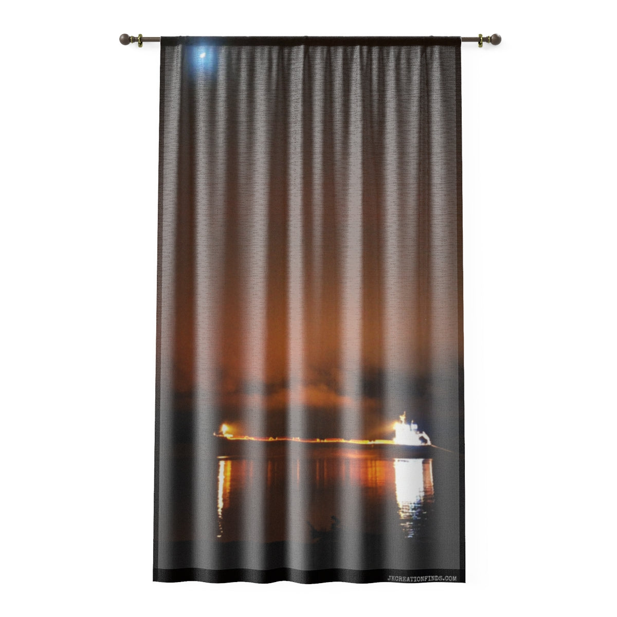 Night Ship Window Curtain, Crescent Moon Art, Nautical Home Decor, Lake Freighter Scenery, Illuminated Vessel, Calming Bedroom Decor