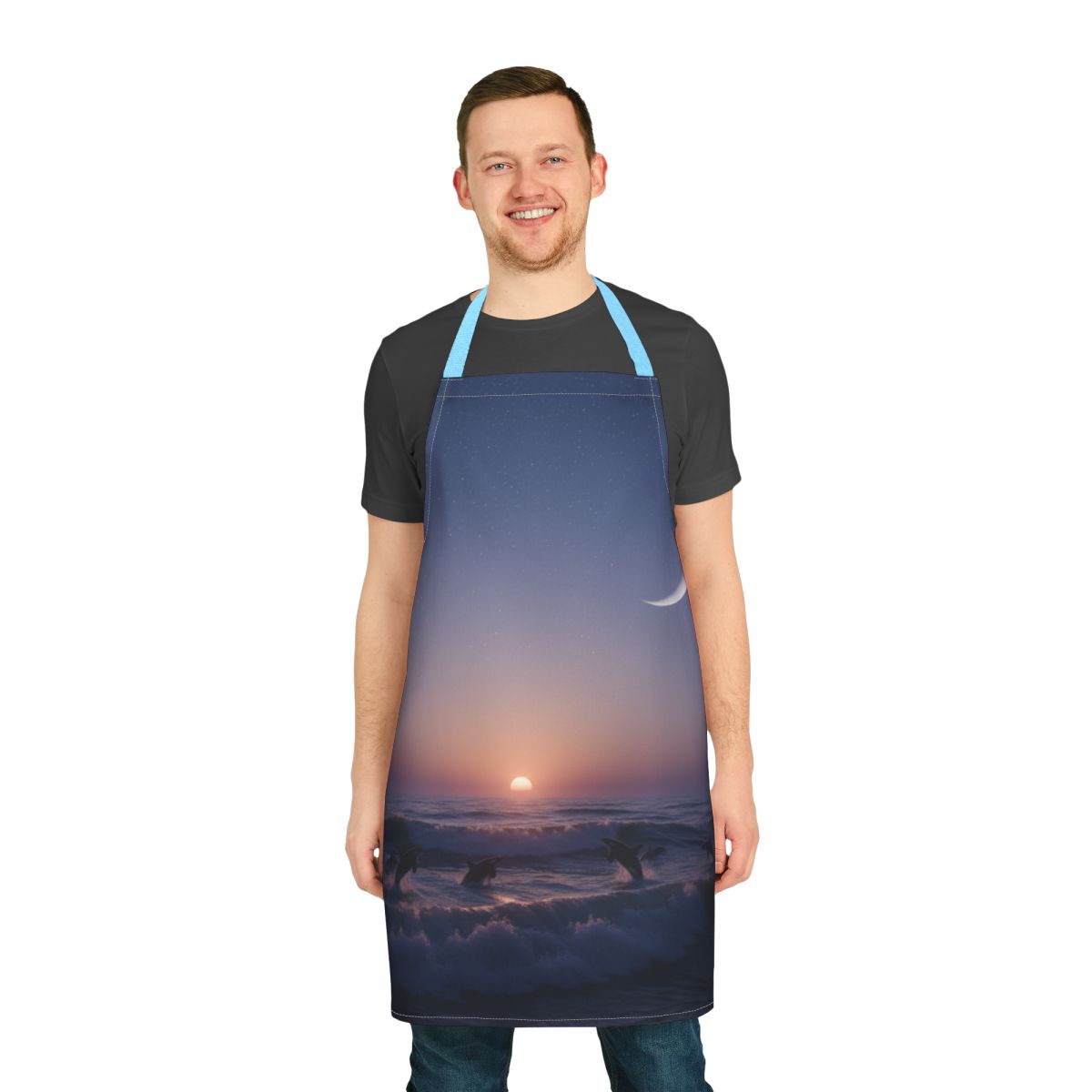 Sunset Ocean Scene Apron with Crescent Moon Design