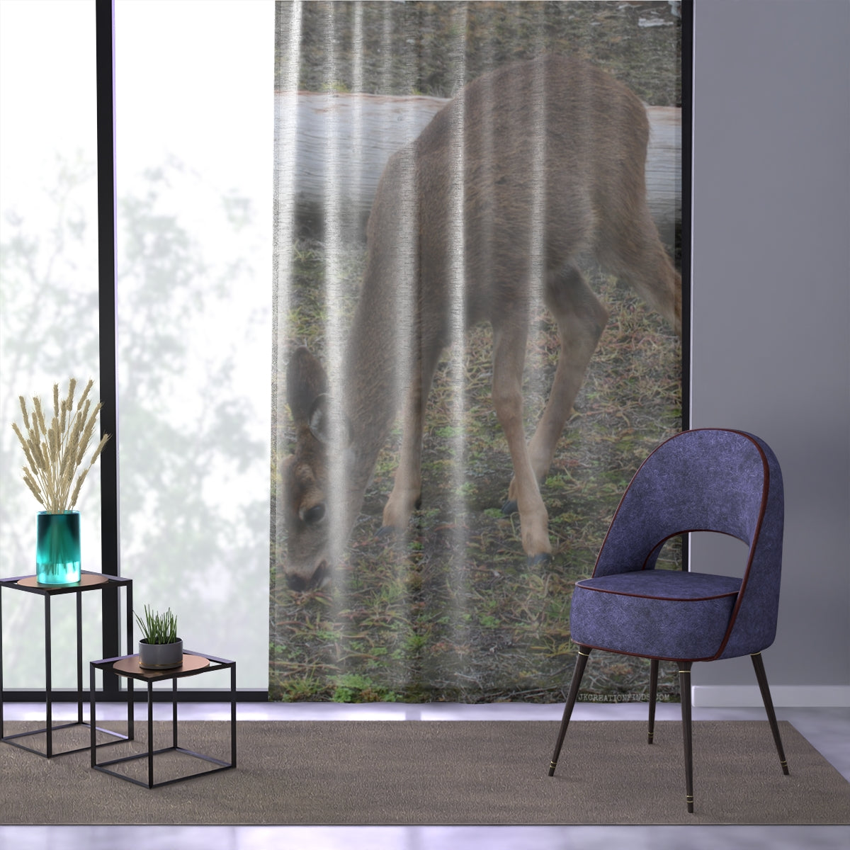 Graceful Deer Grazing Scene Window Curtain Decor