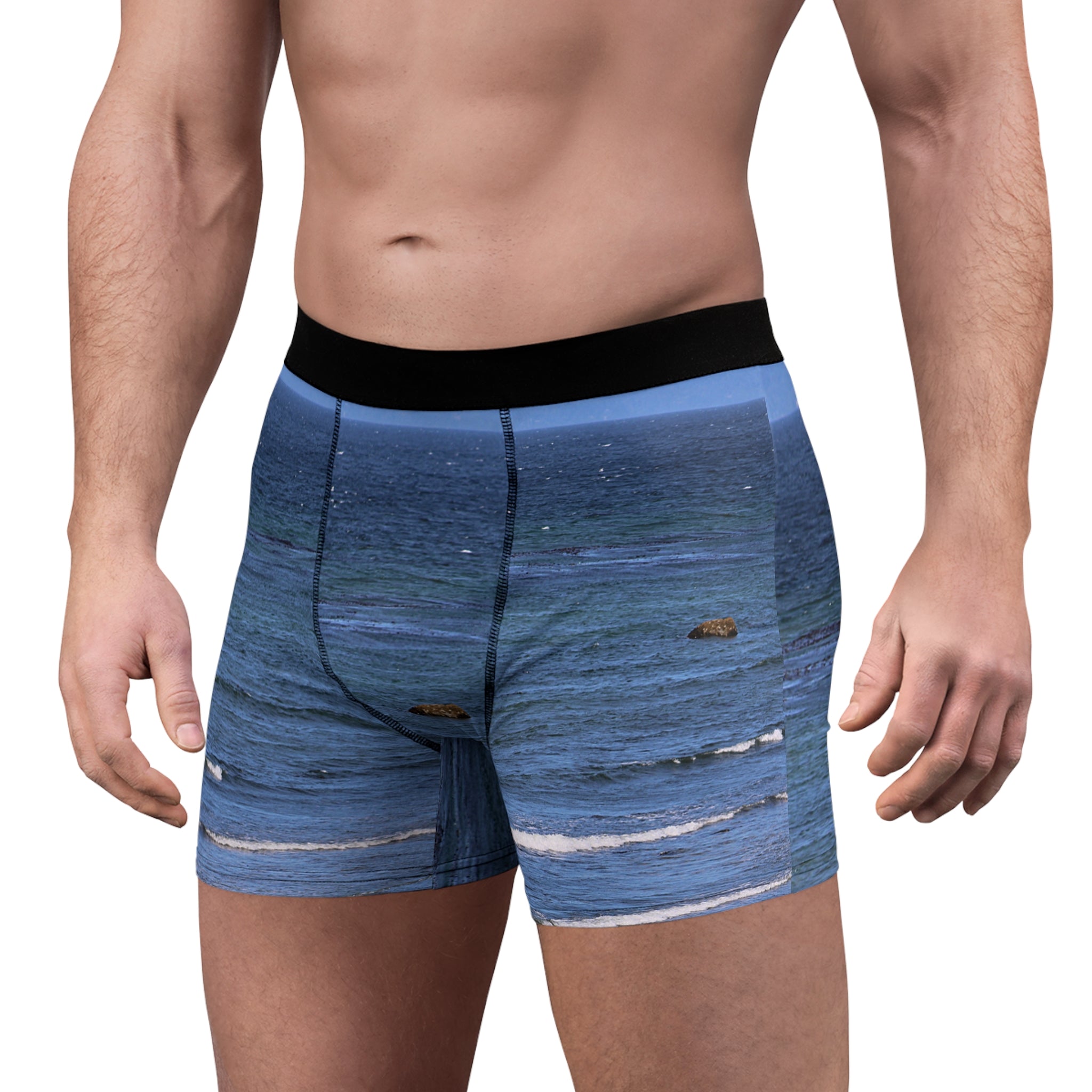 Boxer briefs with a blue ocean wave print.