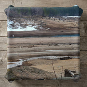 Muddy riverbed with sparse trees and snow patches, wooden plank background.