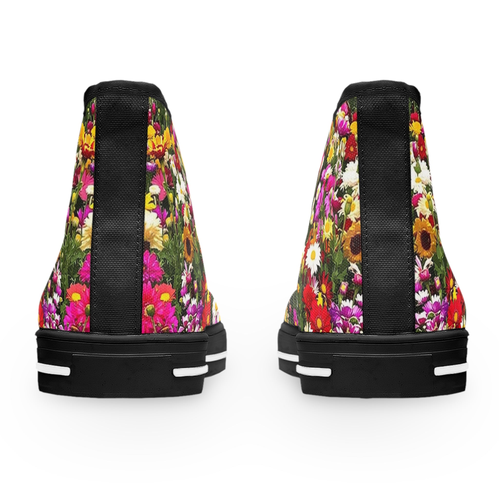 High-top canvas sneakers with a vibrant floral print, viewed from the back.