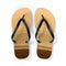 Brown flip-flops with black straps featuring a beach wave pattern.