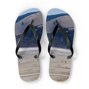 Flip-flops with a landscape scene featuring a body of water and distant hills.