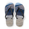 Flip-flops with a landscape scene featuring a body of water and distant hills.