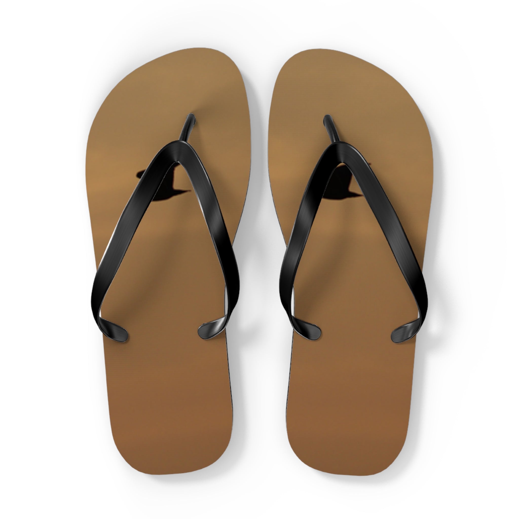 Brown flip-flops with a black silhouette of a bird on each sole.