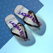 Flip-flops with "LAGUNA BEACH" text on a blue and light blue background.