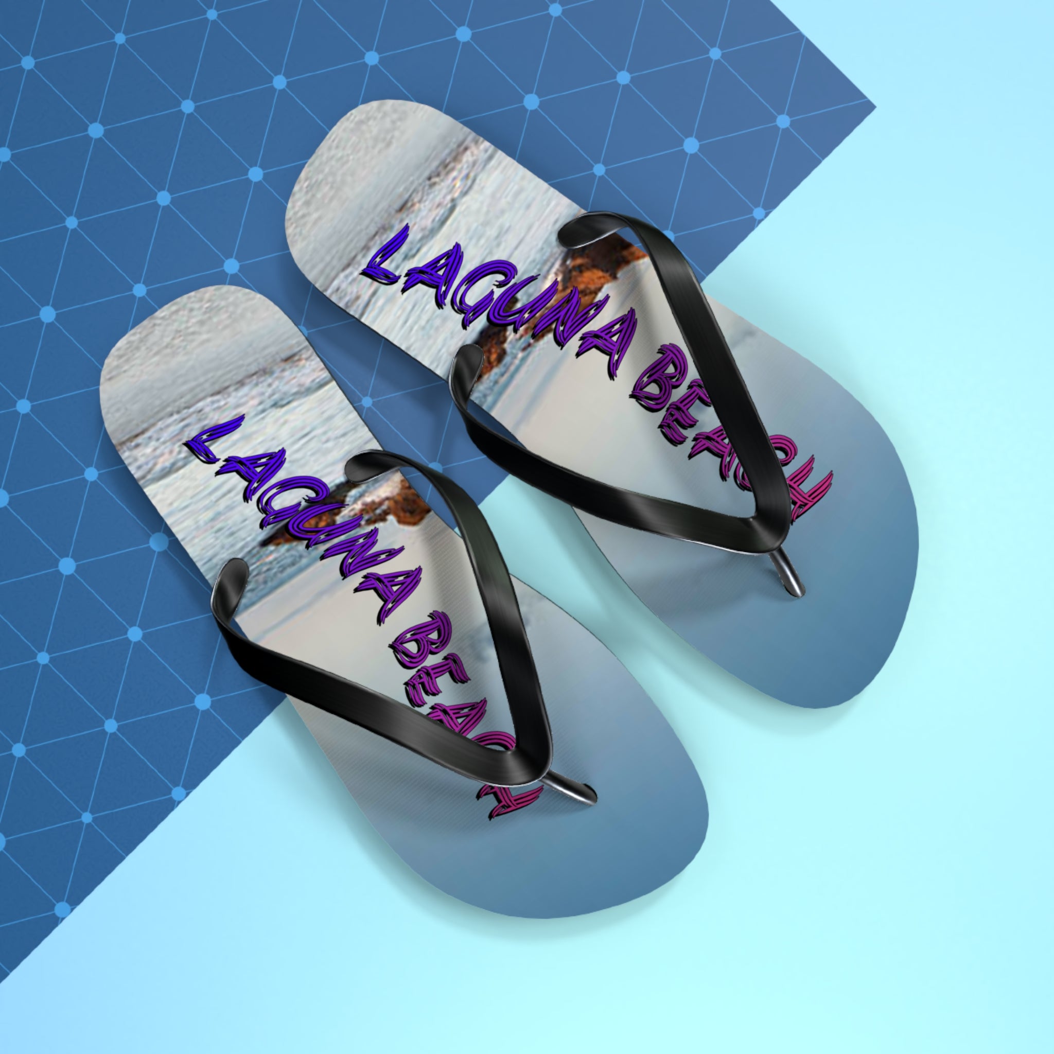 Flip-flops with "LAGUNA BEACH" text on a blue and light blue background.