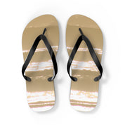Tan flip-flops with black straps, featuring a sunset sky design.