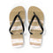 Tan flip-flops with black straps, featuring a sunset sky design.